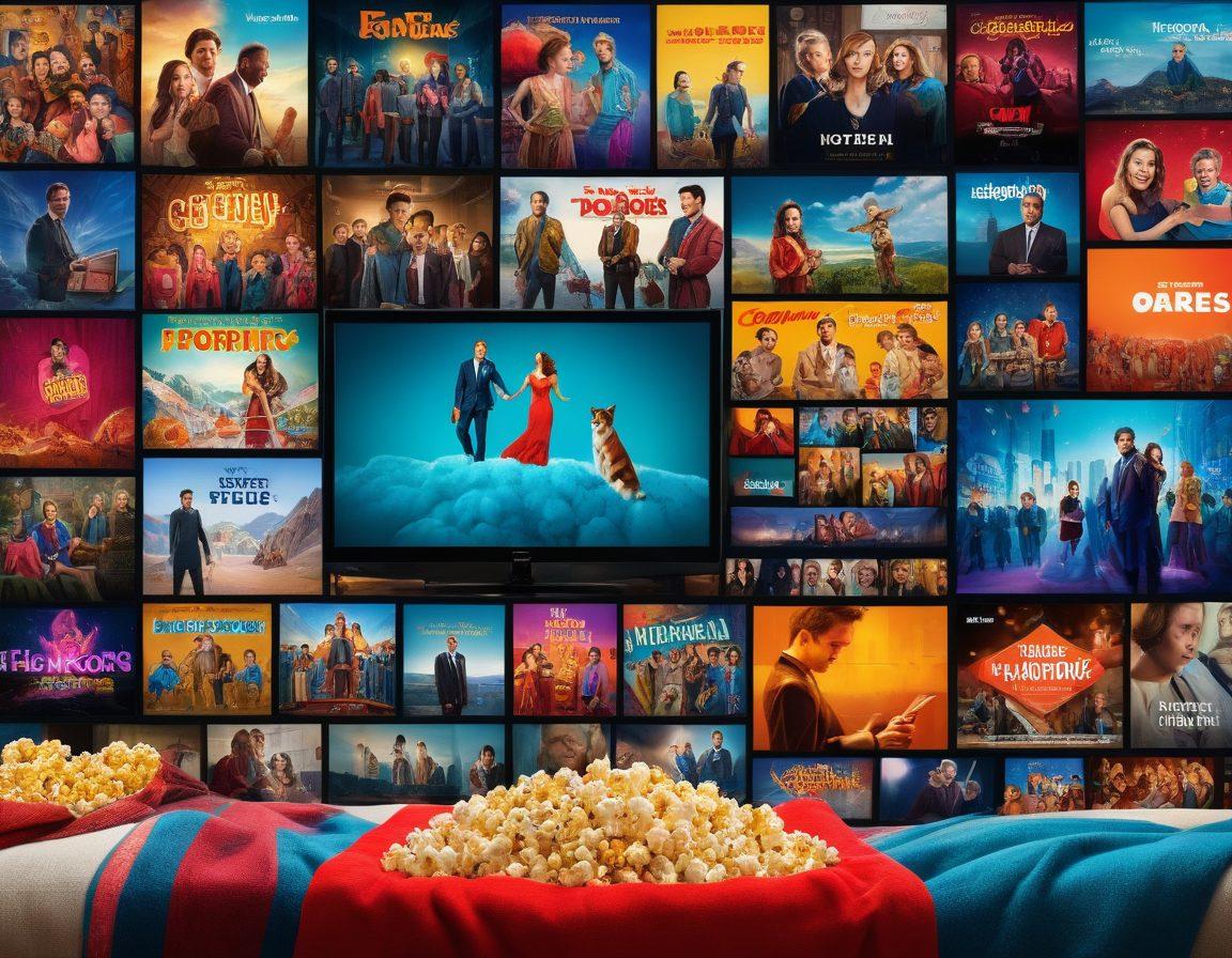 A vibrant collage of iconic scenes from various streaming shows, showcasing a dramatic moment on one side with intense colors and a comedic scene on the other filled with laughter and bright hues. Include streaming devices like a TV and laptop, surrounded by popcorn and a cozy blanket. The background should merge the contrasting themes of drama and comedy, creating a visual storytelling experience. colorful collage. super-realistic. vibrant colors.