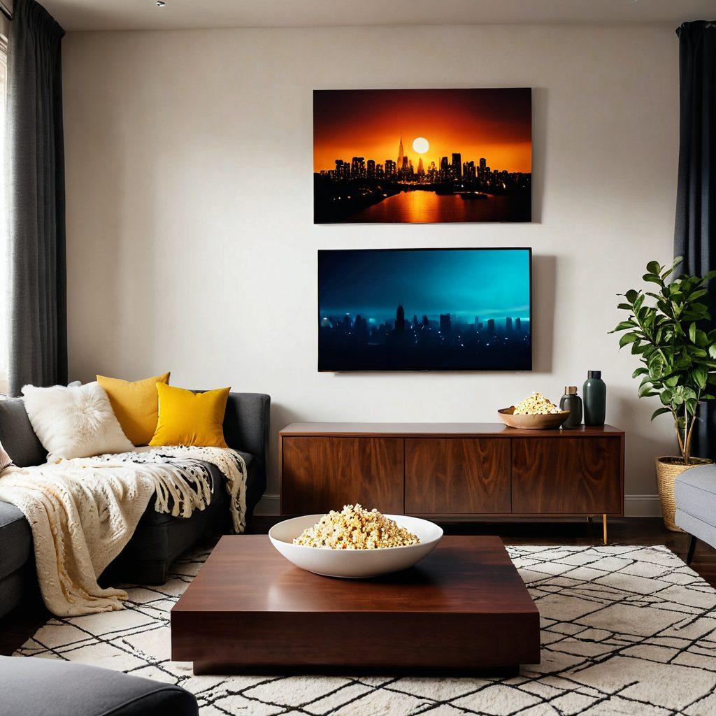 A cozy home setting featuring a stylish couch with a bowl of popcorn, a flickering TV screen showcasing various popular streaming series posters, warm ambient lighting to create a welcoming atmosphere, and a cozy blanket draped over the couch. modern minimalist style. vibrant colors. 3D.