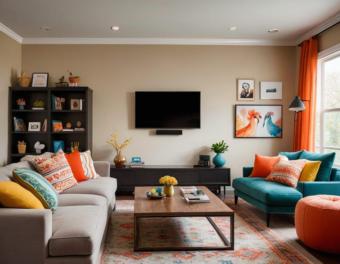 A cozy living room setup with a large flat-screen TV playing an exciting scene from a web series, popcorn scattered around, an inviting couch adorned with colorful throw pillows, soft ambient lighting creating a warm vibe, and a coffee table with a selection of streaming service logos. super-realistic. vibrant colors. cozy atmosphere.